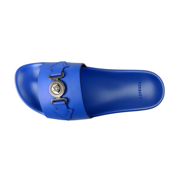 Versace Men's Cobalt Blue Logo Embossed Pool Slide Flip Flops Shoes US 6 IT 39 - Picture 7 of 8